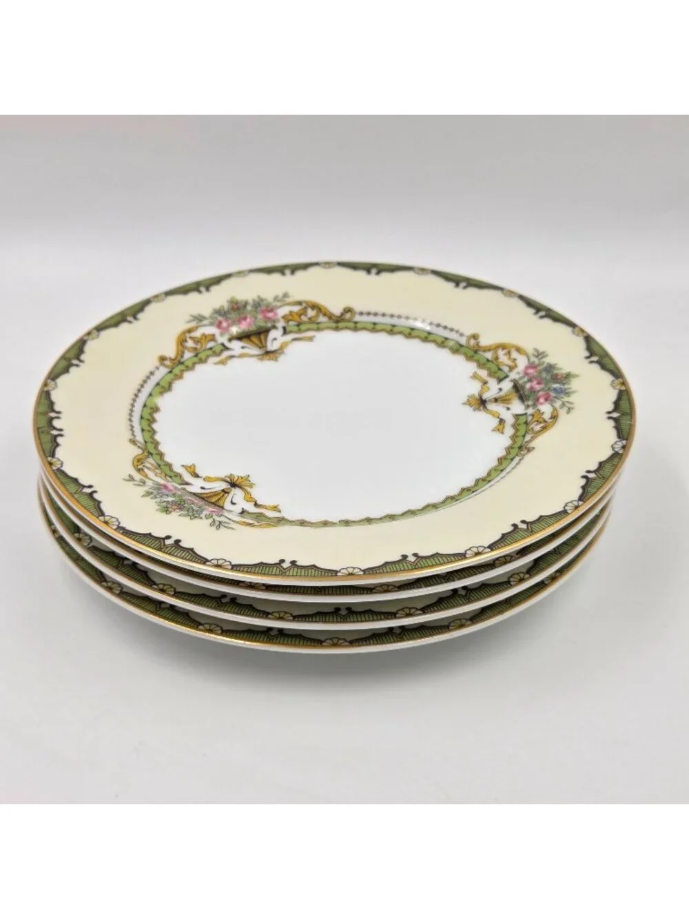 Noritake Penelope Set of 4 Bread and Butter Plates Green Pink Roses Gold Trim